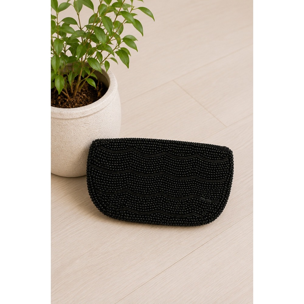 Vintage Black Beaded Clutch 1950s 1960s Wave Pattern Evening Bag Zip‎ Closure